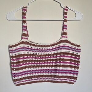 Mango Striped Crochet Tank Top Size S 100% Cotton Boho Festival Crop Knit